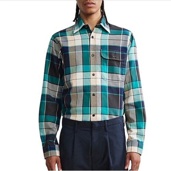 NN07 22.1 Alpha Plaid Shirt Size L green blue cream button down shirt - Picture 1 of 11
